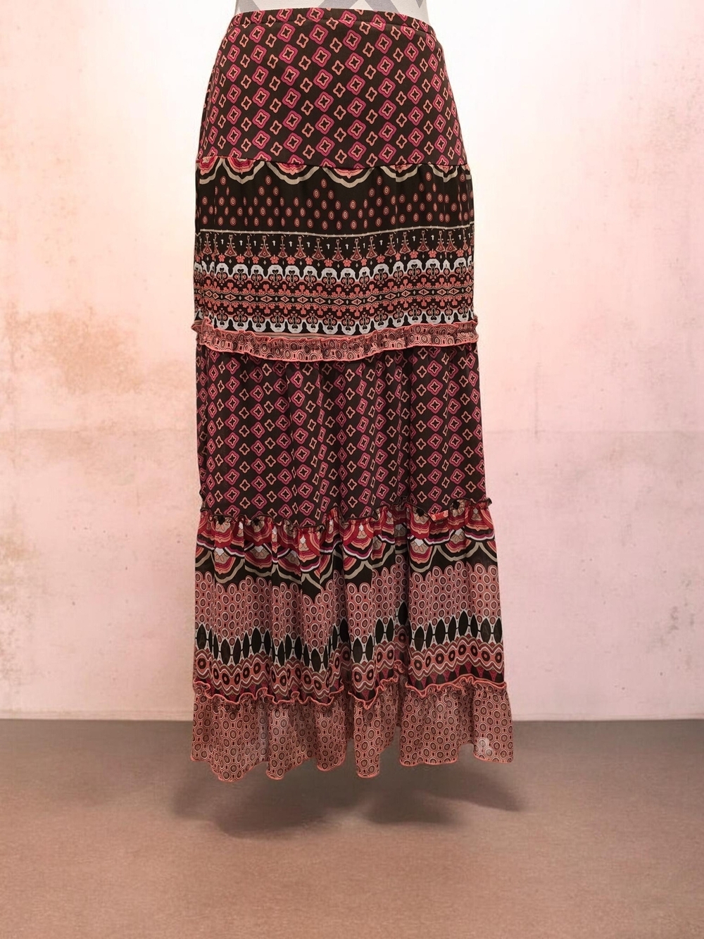 Notations Y2K Tiered Maxi Skirt A Line Sz S Pink Brown Bohemian Gypsy Festival.